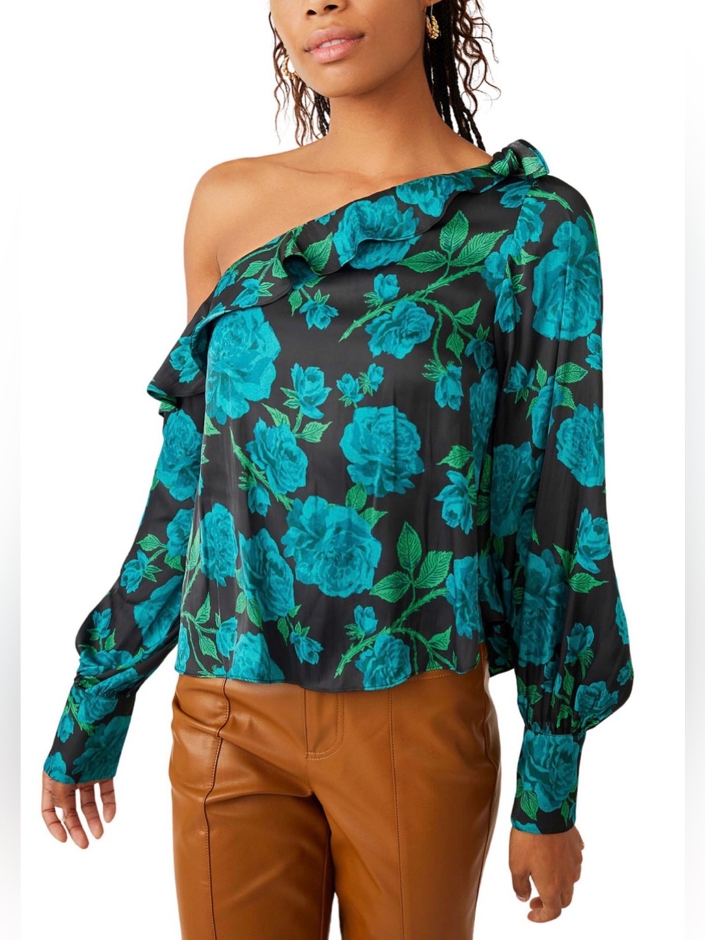 FREE PEOPLE One-Shoulder Teal Floral Blouse - Women Tops